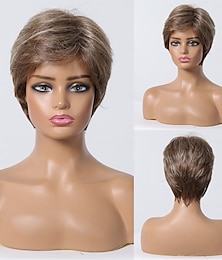 baratos -Mistura do cabelo humano Peruca Curto Liso Reta natural Prumo Corte Pixie Parte lateral Corte em Camadas Marrom Claro Fantasias Modelador e modelador Riscas Naturais Sem Touca Cabelo da Birmânia