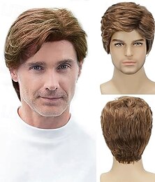 رخيصةأون -باروكة رجالية قصيرة ذات مظهر طبيعي مقاومة للحرارة من الشعر الصناعي مع غطاء قابل للتعديل