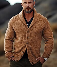 preiswerte -Männlich Strickjacke Pullover Jacke Grobstricken Stricken Standard Knopf Solide / einfarbig Schalrevers Bekleidung Herbst Winter Dunkelmarine Braun M L XL