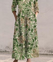 abordables -Femmes Robe maxi Robes en coton et lin Robe en coton et lin Occasionnel Quotidien Coupe régulière Fleuri Manche 3/4 Col en V Jaune Vert Gris Printemps Automne