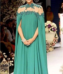 abordables -Robe de soirée A-Line élégante rouge et verte invité formel à un mariage longueur au sol sans manches col haut invité à un mariage d'automne en chiffon avec appliques couleur pure 2025