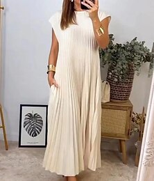 olcso -Női Maxiruha hétköznapi ruha Tömör szín Divat Utcai sikk Parti Iroda Napi Pliszé Ujjatlan Terített nyak Ruha Normál Fekete Sárga Bézs Nyár S M L XL XXL