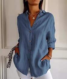 economico -Per donna Camicia Camicie di cotone e lino Abbottonare Blusa Tinta unica Essenziale Casual Manica Lunga Manica a Vescovo Colletto a Camicia Top Regolari Vacanza Quotidiano Patchwork Bottoni Rosa Blu