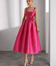 voordelige -A-lijn Over de knie Cocktailjurken Feestjurken Elegant Zijdeachtig Mouwloos Vierkante hals Formeel Bruiloft Satijn met Glitter Split Schouderbloem