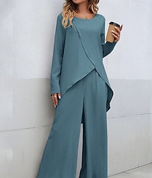 preiswerte -Damen Leinen-inspirierte Sets Zweiteilige Sets T Shirt Weitbeinige Hosen Langarm Einfarbig Schwarz Blau Khaki Frühling Normale Passform