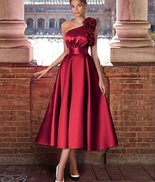 abordables -Vestidos de Cóctel A-Line Vestido Elegante Formal Largo de Té Sin Mangas Hombro Descubierto Bolsillo Satén con Flor en el Hombro
