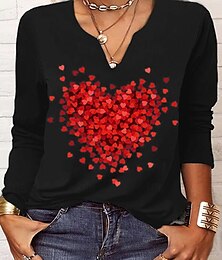 economico -T-shirt cuore donne di San Valentino casual magliette regolari maniche lunghe scollo a V collo asimmetrico patchwork stampa regolare vestibilità quotidiana vacanza autunno inverno nero