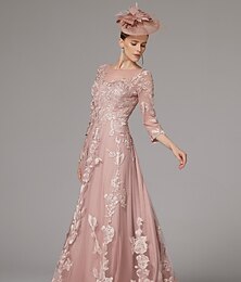 economico -Abito A-Line per la madre della sposa abito per invitata matrimonio elegante collo gioiello lunghezza terra pizzo manica 3/4 con pieghe di pizzo applicate