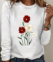 economico -T-shirt tunica donne 100% cotone moda casual stampa maniche lunghe magliette regolari girocollo quotidiane bianco primavera autunno