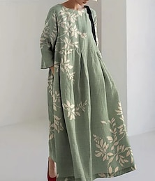 abordables -Femmes Robe maxi Robes inspirées du lin Occasionnel Quotidien Coupe régulière Fleuri Manche 3/4 Col ras du cou Rouge Bleu Vert Été Printemps Automne