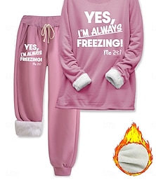 olcso -Női pizsama szett fleece bélésű 2 darab pulóver tréningruha otthoni viselet szett pizsama fleece bolyhos hosszú ujjú felső és nadrág szöveges nyomtatás kényelem laza otthoni viselet húzózsinór
