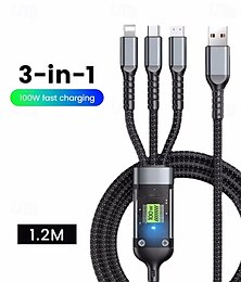 economico -Cavo di ricarica rapida 3 in 1 da 100 W supporto di ricarica super veloce intelligente ricarica multi-interfaccia cavo di ricarica di alimentazione visiva USB compatibile con cavo di ricarica rapida