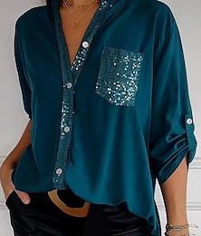 economico -Per donna Camicia Blusa Tinta unica Essenziale Informale Manica lunga A V Top regolari Giornaliero Con lustrini Collage Tasche Nero Rosa Verde Autunno