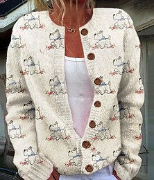abordables -Cardigan Femme Tricoté Ridé Boutonné Devant Col Rond Manches Longues Léger Femme Quotidien Animal Col Rond Imprimé Hauts Réguliers Tricot Week-end Beige Automne Hiver