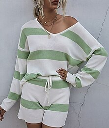 billige -damestrikket todelt sett off-shoulder langermet shorts med snøring stripet hvit pastellgrønn vår høst casual loungewear komfortable størrelser