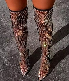 baratos -botas femininas de salto alto com strass e rede de pesca – saltos altos de malha acima do joelho glamorosos para festas e eventos noturnos