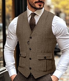 billige -brun grå herre mote fiskebein tweed vest skreddersydd passform v-hals enkeltspent fire-knapper