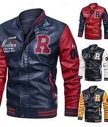 abordables -Chaqueta bomber bordada para hombre, chaqueta de cuero, abrigo de béisbol de invierno, chaqueta de moto de cuero sintético con cuello alto y manga larga