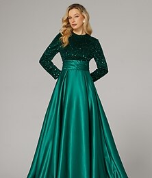 abordables -Robe de soirée en A élégante robe formelle de cocktail longueur de train cour mariage d'automne à manches longues à encolure haute satin avec sequins
