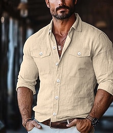 お買い得  -男性用 シャツ リネンシャツ サマーシャツ ボタンアップシャツ 純色 バケーション ストリート ホワイト グリーン カーキ色 ライトブルー 長袖 カラー 衣類 ポケット