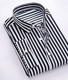 billiga -Herr Skjorta Button Down skjorta Randig tröja Skjorta med krage Bröllop Arbete Svart Vit Rubinrött Marinblå Långärmad Krage Kläder