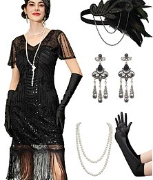 levne -Retro Řvoucí 20s 20. léta 20. století Ke kolenům Bubenové šaty Úbory Koktejlky Krátké rukávy Velký Gatsby Buben dívka Svatební host Flitry Třásně Do V Maškarní kostým Dámské Karnevalový kostým 7 PCS