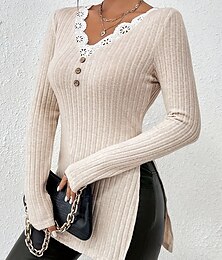abordables -Femme Pull Chandail Décontractées Flexible Couleur monochrome A côtes Col V Dentelle Patchwork Boutons manche longue Hauts longs Tricoter Extérieur du quotidien Fin de semaine Abricot Automne Hiver