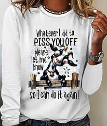 abordables -Túnica para mujeres camiseta de moda casual gato tops regulares de manga larga cuello redondo estampado ajuste holgado diario blanco primavera otoño