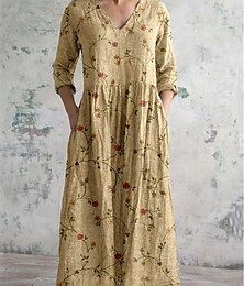 economico -Per donna Abito maxi Abiti in cotone e lino Abito in cotone e lino Casual Quotidiano Vestibilità regolare Floreale Manica 3/4 Scollo a V Giallo Verde Grigio Primavera Autunno