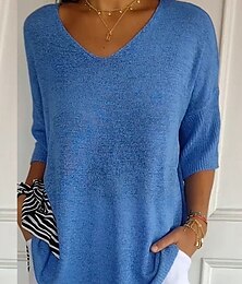 economico -Per donna Felpa Informale Morbido Colore puro A coste A V Lavorato a maglia Manica a 3/4 Top regolari Maglia Esterno Giornaliero Fine settimana Blu Verde Autunno