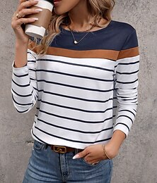 abordables -Mujer Camiseta Bloque de color A Rayas Moda Moderno Casual Manga Larga Cuello Barco Tops regulares Diario Fin de semana Estampado Negro Blanco Otoño Invierno