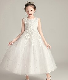 voordelige -Bloemenmeisjesjurk kinderen Voor meisjes Prinses jurk Prestatie Bruiloft Feest Elegant Mooi Netstof Effen Kleur Mouwloos Strakke ronde hals Wit Licht Luchtblauw 4 jaar +