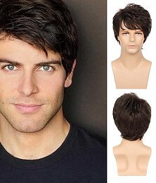 economico -parrucca corta castana da uomo parrucca corta a strati parrucca sintetica naturale e soffice per cosplay da uomo