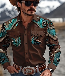 economico -Per uomo Floreale Camicia occidentale Camicia da cowboy Manica lunga Occidentale Sport Primavera Autunno Collo ripiegabile Collage Giallo Rosso Marrone Verde Grigio