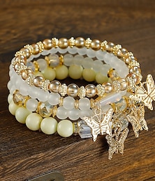 abordables -Conjunto de pulseras de cuentas con dijes de mariposa: elegante diseño en capas de oro y perlas para mujer