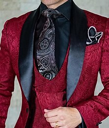 economico -Nero+Bordeaux Nero Bianco Completi da uomo Completi da matrimonio Completi per il ritorno a casa Jacquard Floreale 3 pezzi Taglio su misura monopetto a un bottone