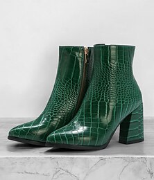 baratos -bota feminina de couro sintético com relevo de crocodilo verde, salto bloco e bico fino - ideal para ocasiões casuais ou elegantes