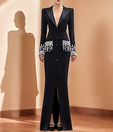 billige -Svart Hvit Blazer A-linje Kveldsdrakt Vintage Smoking Kjole Formell Bryllup Gulvlengde Lang erm Skjortekrage med Rhinestone Glitter