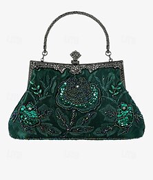 economico -borsa da donna vintage in velluto verde con ricamo floreale con perline e struttura in metallo – elegante borsa da sera