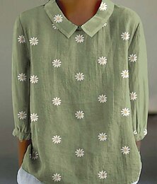 economico -Per donna Camicia Camicie ispirate al lino Manica Lunga Colletto a Camicia Bianco Blu Verde Primavera Autunno