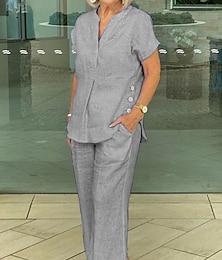 economico -Per donna Camicia Set di biancheria in cotone Set da due pezzi Pantaloni di Lino Manica Corta Tinta unica Blu marino Blu Grigio Estate Vestibilità regolare