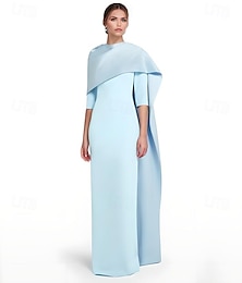 abordables -robe de soirée fourreau bleu ciel de mariage de plage robe rose élégante robe de mariée formelle longueur au sol manches 3/4 col bijou crêpe extensible avec châle fendu 2025