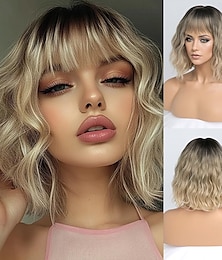 economico -parrucche per donne parrucca corta ondulata con frangia parrucca con radici scure lunghezza media capelli sintetici naturali per feste quotidiane &amplificatore cosplay
