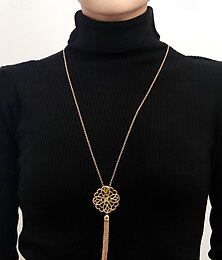economico -collana lunga da donna in oro con pendente con intricato motivo floreale e accento di nappa - elegante gioiello statement per outfit casual e formali