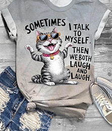 abordables -Mujer Camiseta Gato Letra Casual Manga Corta Escote Redondo Tops regulares Diario Estampado Gris Verano