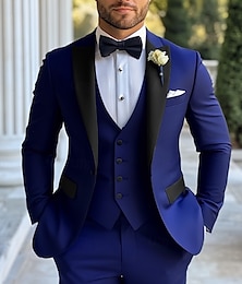 economico -Abiti da uomo per feste di matrimonio, smoking blu navy con cravatta nera, abiti da sposo, abiti estivi, tinta unita, vestibilità standard, 3 pezzi, monopetto, due bottoni.