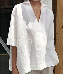 economico -Per donna Camicia Camicie ispirate al lino Blusa Tinta unica Essenziale Casual Manica 3/4 Collo a V Top Regolari Quotidiano Bianco Rosa Verde Estate Primavera