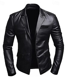 economico -giacca sportiva da uomo in similpelle PU, giacca sportiva da ufficio nera, giacca da lavoro, moda casual, poliestere, finta pelle, giacca monopetto