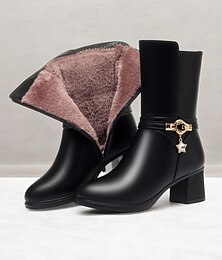 baratos -botas femininas de inverno de cano médio com forro de pele de couro sintético preto com pingente de estrela e saltos altos – calçado elegante e quente para o tempo frio
