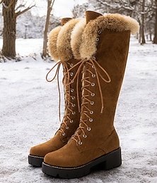 economico -stivali alti fino al ginocchio in finta pelle scamosciata da donna con lacci e polsini in pelliccia sintetica – eleganti calzature invernali con suola spessa